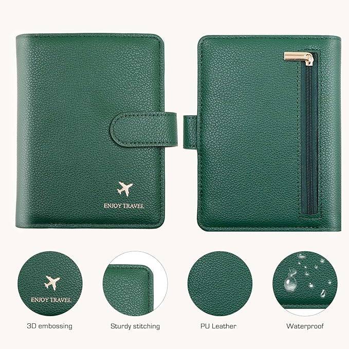 Cnycmy Passport Holder with RFID Blocking, Cash Pocket & Back Zipper Coin Pocket - Travel Document Holder, Magnetic Button, Multiple Card Slots - Soft PU Leather for Men and Women(MOSS GREEN)