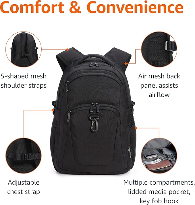 Amazon Basics Travel Laptop Backpack for 15.6 inch Laptop, Black