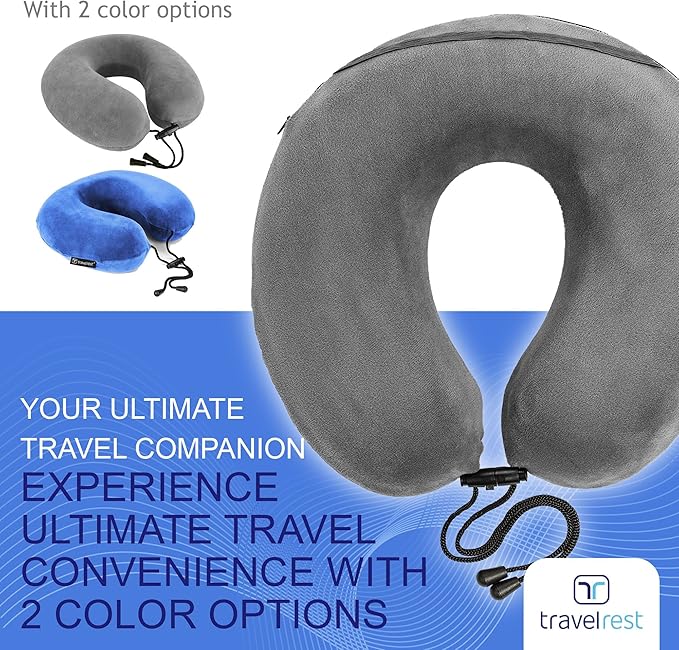 TRAVELREST Travel Essential Neck Pillow - Memory Foam, Washable Micro-Fiber Cover, Soft and Comfortable Head Support for Long Flights, Compact, Attaches to Luggage, Airplanes, Cars, Bus - (Grey, Curl)