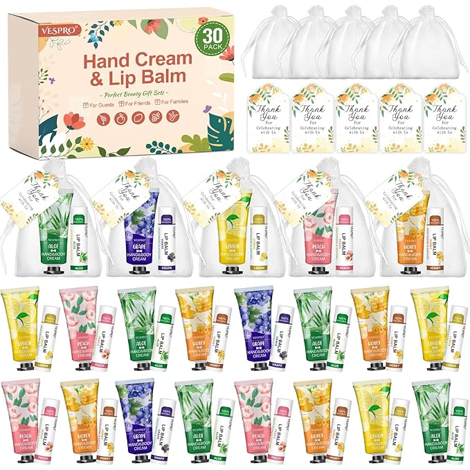 30 Sets Bulk Hand Lotion and Bulk Lip Balm Gifts, Bridal Shower Favors, Bridesmaid Gifts and Wedding Favors for Guests with Thank You Card and Organza Bags, Employee Appreciation Gifts, Birthday Gifts