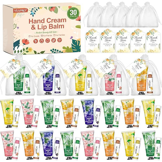 30 Sets Bulk Hand Lotion and Bulk Lip Balm Gifts, Bridal Shower Favors, Bridesmaid Gifts and Wedding Favors for Guests with Thank You Card and Organza Bags, Employee Appreciation Gifts, Birthday Gifts