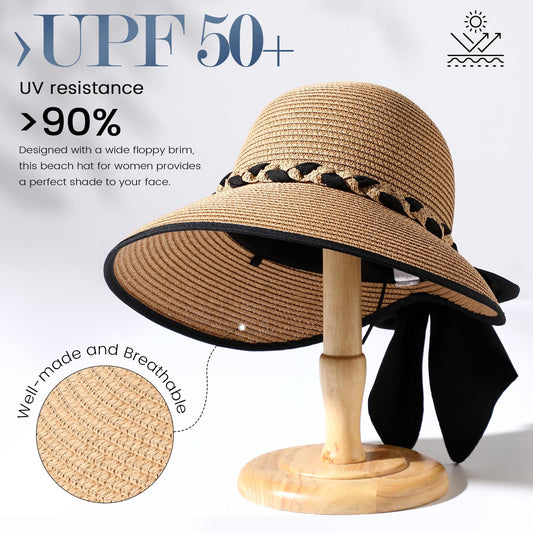 Beach Hats for Women, Straw Hat for Women UPF 50+ UV Sun Protection Foldable Sun Hat Deep Khaki
