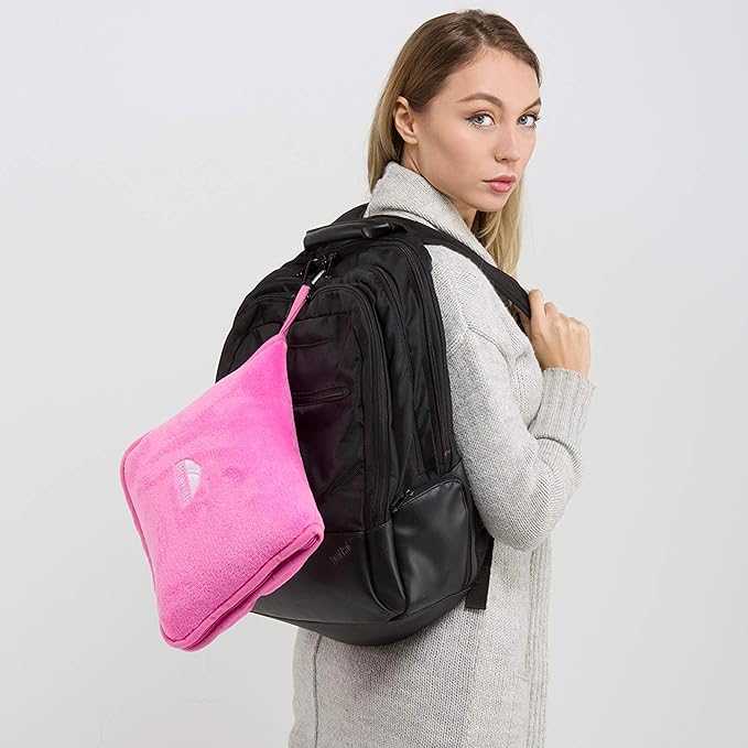 BlueHills Premium Soft Travel Blanket Pillow Airplane Blanket Packed in Soft Bag Pillowcase with Hand Luggage Belt and Backpack Clip, Compact Pack Large 2 in 1 Combo for Any Travel (Pink T004)