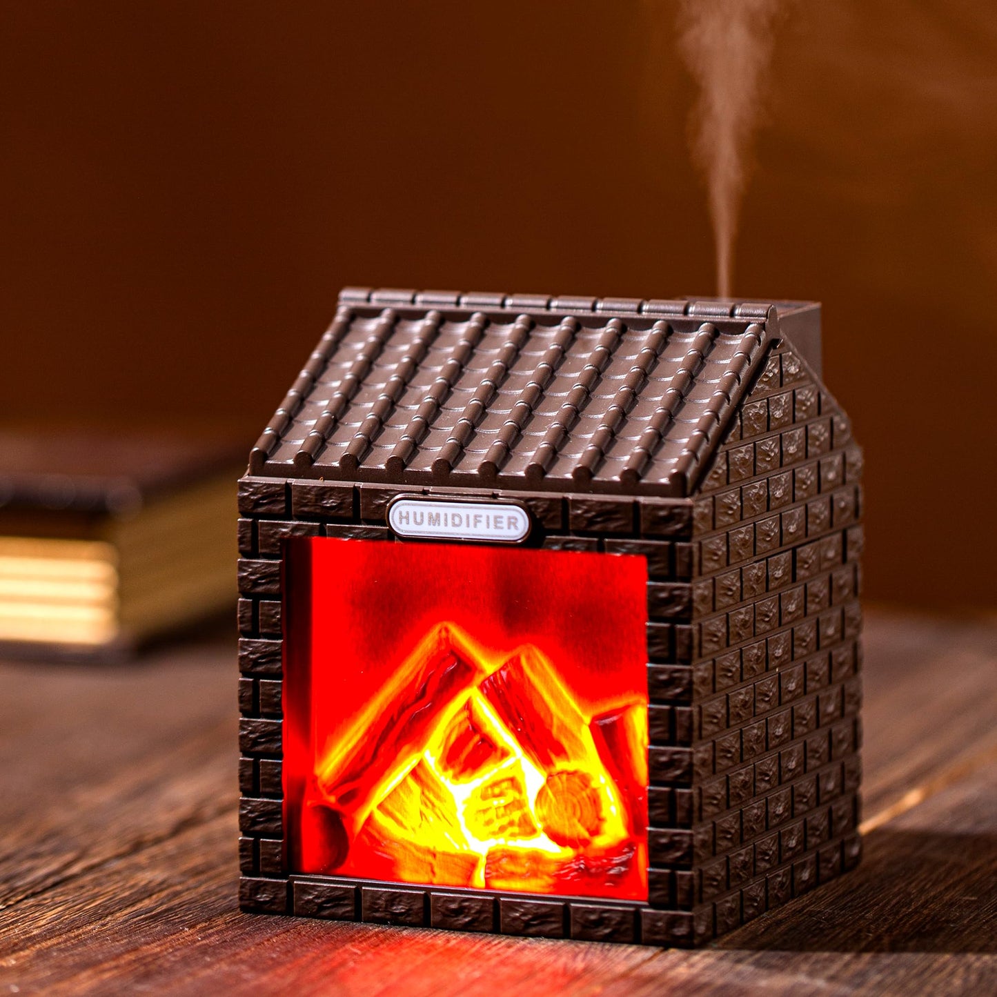 Mini Fireplace Cool Mist Humidifier with Flame Light, USB Powered, Auto Shut-Off, Portable for Bedroom Office Travel, 200ml, Coffee Brown