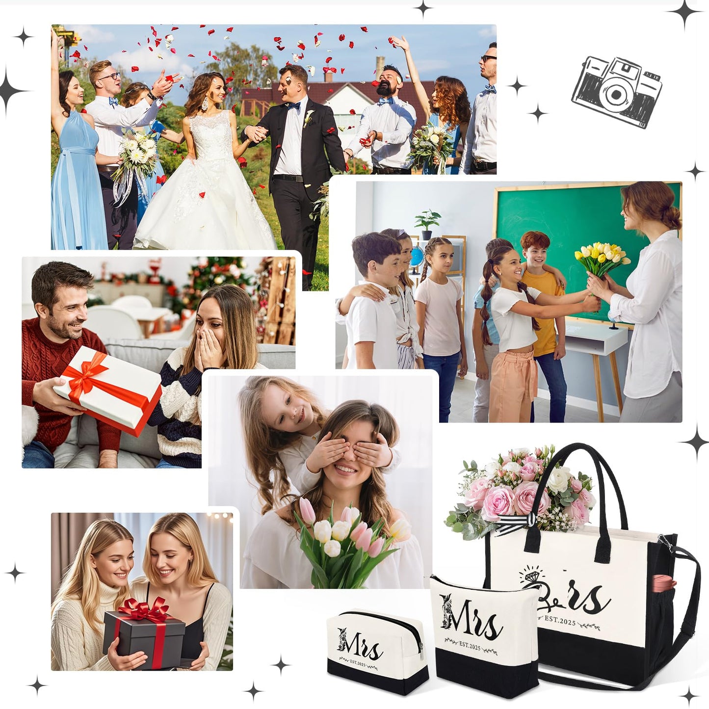 HOMIEE 3PCS Bride Canvas Tote Bag, Wedding Gifts for Bridal Shower Bachelorette Party Engagement Honeymoon Miss to Mrs (Mrs 2025)