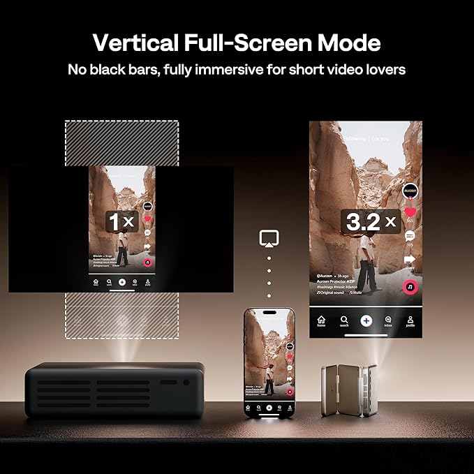 Aurzen ZIP Tri-Fold DLP Truly Mini Projector, Pocket Size, Zero-Lag Focus, One-Click Screen Mirroring, Full-Screen Mode, Type-C Fast Charging, 5,000mAh Battery, Indoor Outdoor Portable Projector,Gold