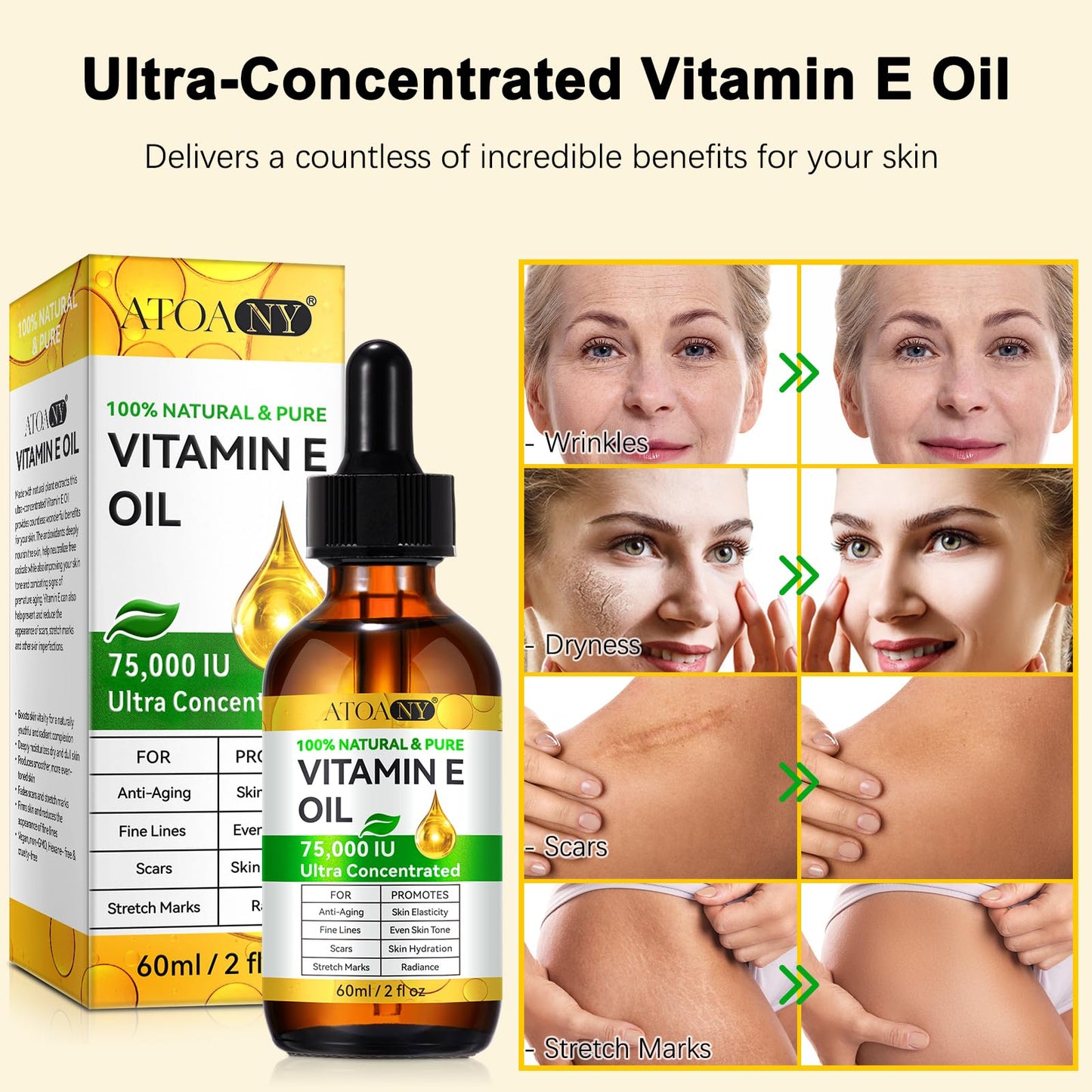 Vitamin E Oil for Skin, Scars and Face, Pure Vitamin E Oil 75,000 IU, Reduce Scars, Fine Lines, Moisturize and Radiant Skin for Whole Body, 2 Fl Oz