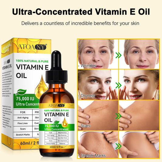 Vitamin E Oil for Skin, Scars and Face, Pure Vitamin E Oil 75,000 IU, Reduce Scars, Fine Lines, Moisturize and Radiant Skin for Whole Body, 2 Fl Oz