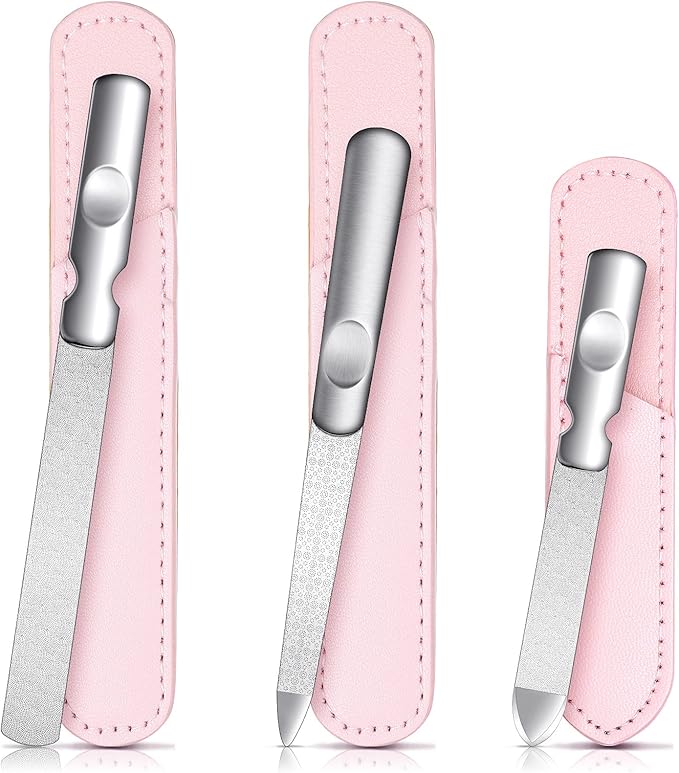 3 Pcs Stainless Steel Nail Files Kit with Leather Case, Double Sided Metal Nail Files with Anti-Slip Handle for Women and Men, Metal File Buffer Manicure Pedicure Tools for Fingernail Toenail(Pink)