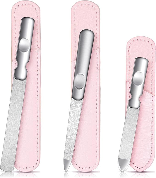 3 Pcs Stainless Steel Nail Files Kit with Leather Case, Double Sided Metal Nail Files with Anti-Slip Handle for Women and Men, Metal File Buffer Manicure Pedicure Tools for Fingernail Toenail(Pink)