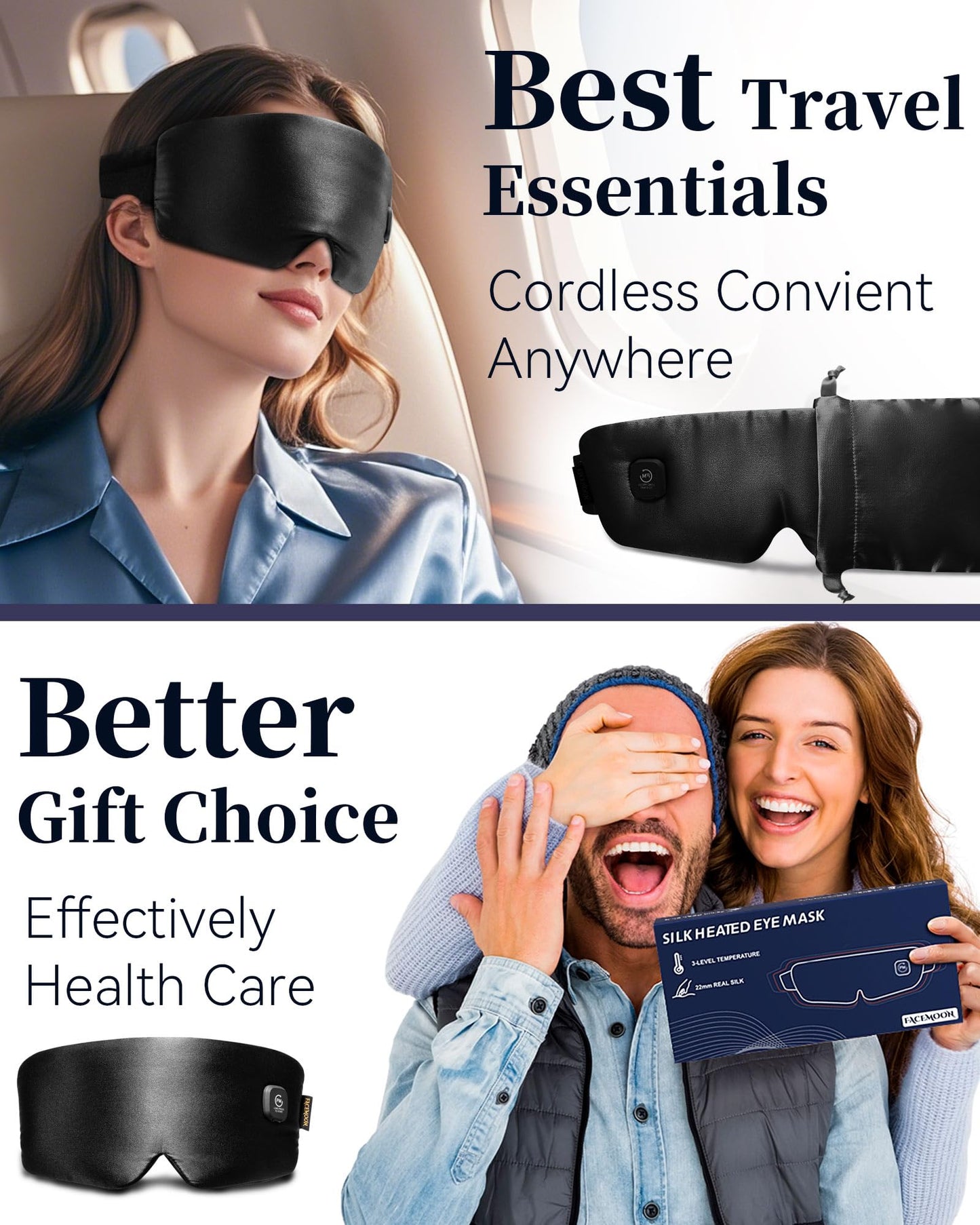 Heated Eye Mask for Dry Eyes - Silk Cordless Warm Eye Compress Moist Heat, Eye Heating Pad for Stye Treatment, Tired Eyes, Sleep, Travel, Washable, Rechargeable, Black