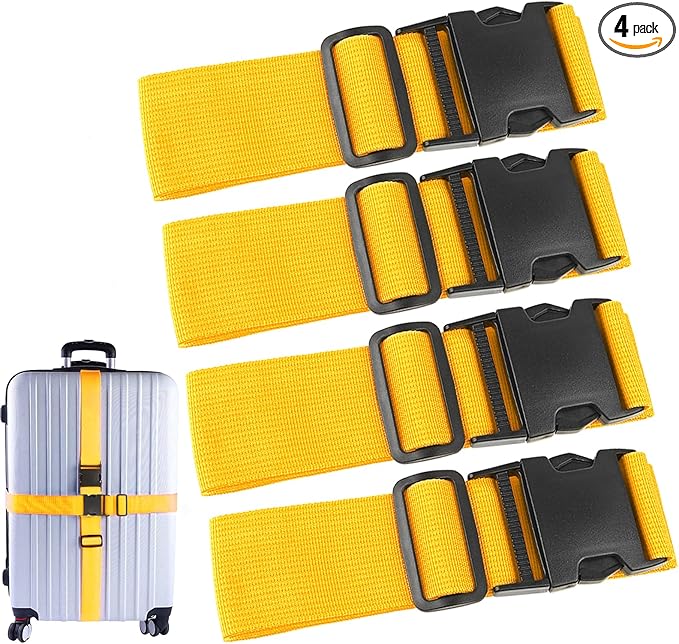 4Pcs Luggage Straps for Suitcase Travel Accessories TSA Approved, 80In Long Belts to Keep Your Suitcase Secure, Adjustable Bag Straps with Quick-Release Buckle for Travel Bag Closure, Yellow