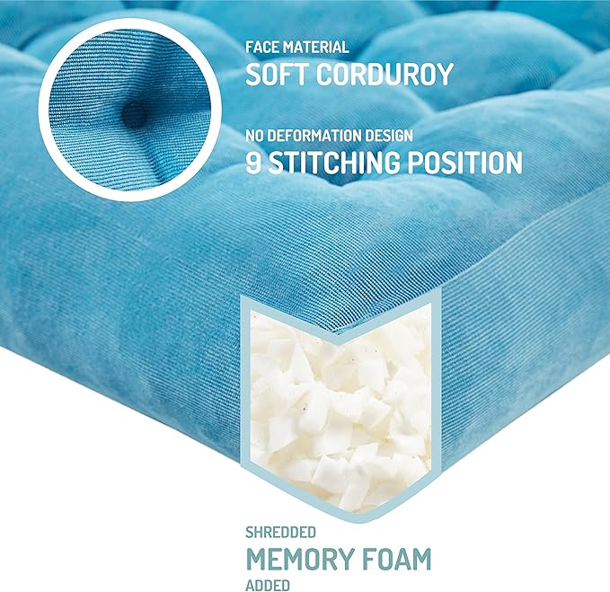 Meditation Floor Pillow Set of 2, Square Large Pillows Seating for Adults, Tufted Corduroy Cushion for Living Room Tatami, Turquoise, 22x22 Inch