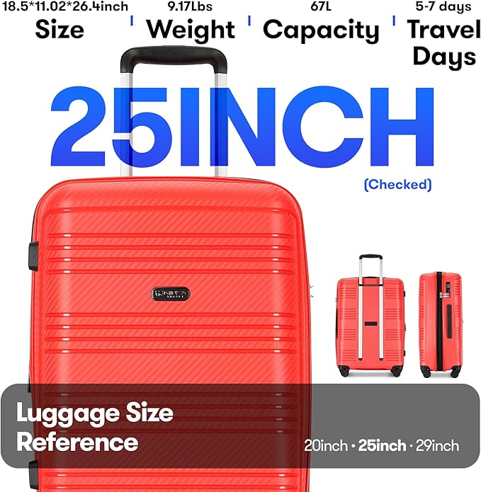 25 Inch Medium Checked Luggage Lightweight Suitcase with Spinner Wheels TSA Lock, Red