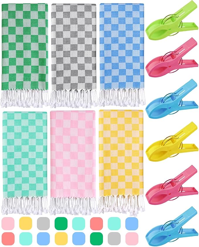 6 Packs Turkish Beach Towel Blanket Set Pool Bath Towels Bulk Multipack Travel Sand Free Quick Dry Extra Large Oversized Cute Big Cotton Soft Lightweight Compact Checkered Proof Cloud Men Women Adult