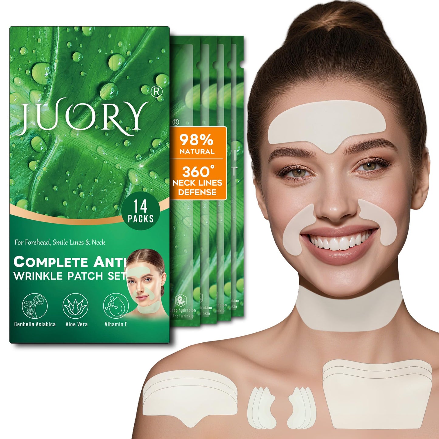 Forehead Smile Line and Neck Herbal Wrinkle Patches with Centella Asiatica, Aloe, Hyaluronic Acid, Vitamin E and Collagen, Overnight Facial Anti-Wrinkle Care to Lift and Smooth Skin for Women，14 Pack