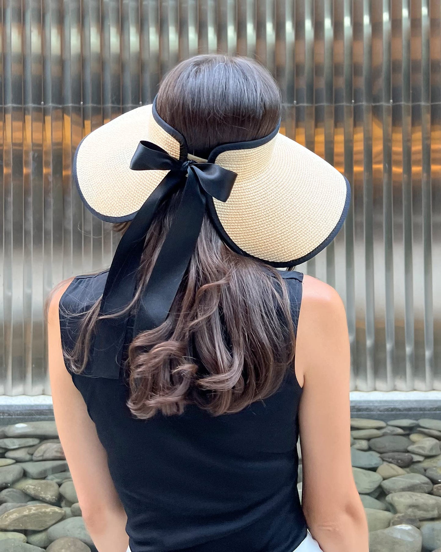 Camptrace Sun Visors for Women Wide Brim Beach Hat Foldable Straw Visor Hat Ponytail Summer Packable UPF 50+ Beige