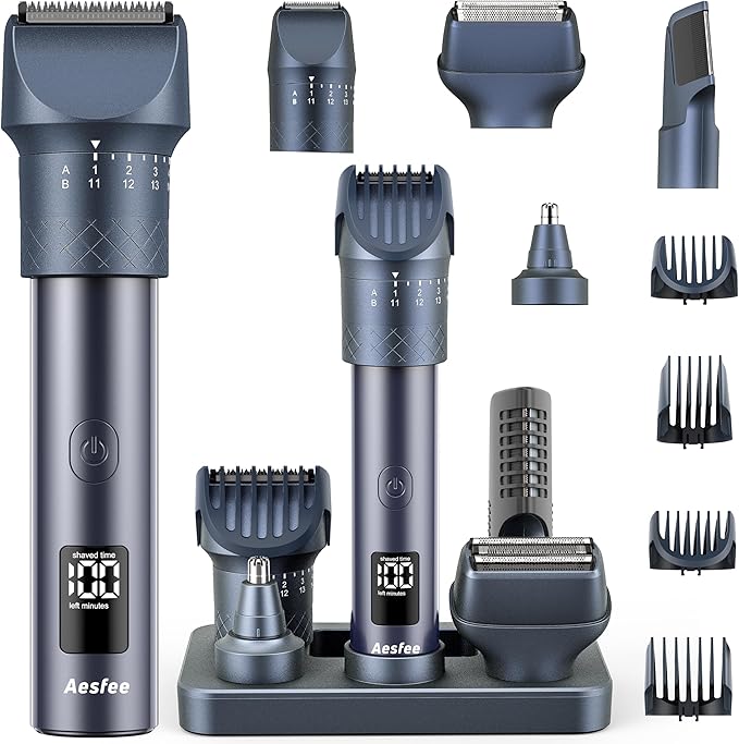 Beard Trimmer and Clippers Set for Men with Foil Shavers, Precision Dial Adjustable 20 Lengths, All-in-One Hair Trimmers for Face Head Nose Full Body, IPX7 Waterproof Wet/Dry, USB-C Rechargeable Dock