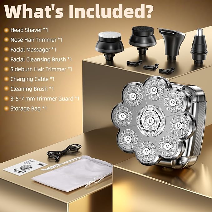 9D Head Shavers for Bald Men, 5 in 1 Detachable Head Shaver with LED Display, IPX7 Waterproof Wet Dry Rechargeable Electric Shavers for Men Grooming Kit for Home & Travel