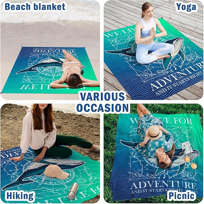 Beach Whale Pocket Picnic Blankets, Blue Ocean Coastal Mini Beach Camping Blanket Waterproof Sandproof, Rustic Sea RV Outdoor Picnic Blanket Mat Gifts for Camper Campsite Travel 55x60in