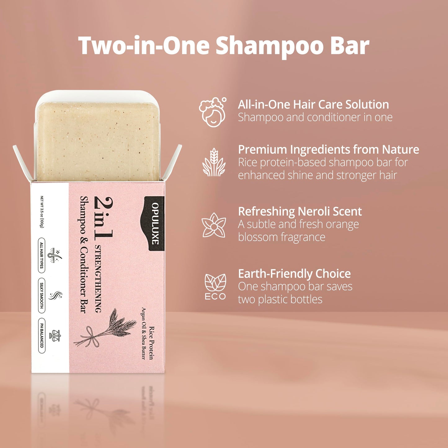 Opuluxe 2-in-1 Shampoo and Conditioner Bar – All Hair Types - Strengthening & Moisturizing with Rice Protein, Argan Oil, Shea Butter – Fresh Floral Musk – 80+ Washes – Made in Korea