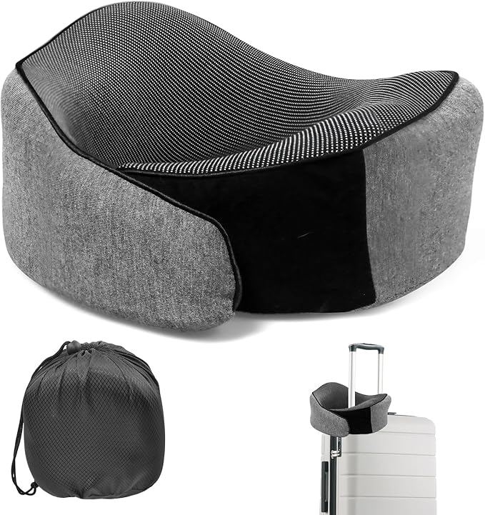 Travel Pillow, 100% Pure Memory Foam Travel Neck Pillow Airplane Neck Support Ergonomic Design for Traveling Suitable for Airplanes,Offices and Cars-Dark Grey