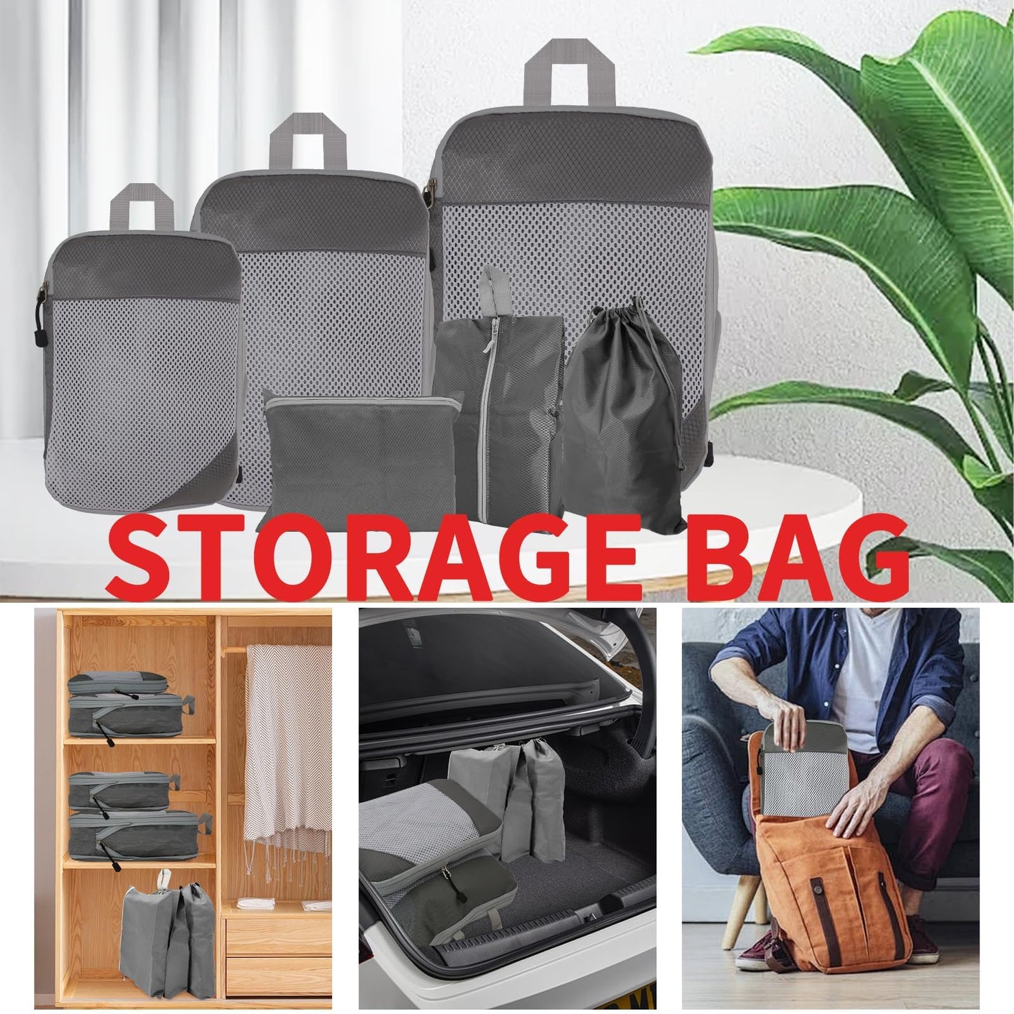 6 Set Compression Packing Cubes for Travel, Lightweight Luggage Organizers, Waterproof & Tear-Resistant, Expandable Travel Organizers Bag Set for Suitcase