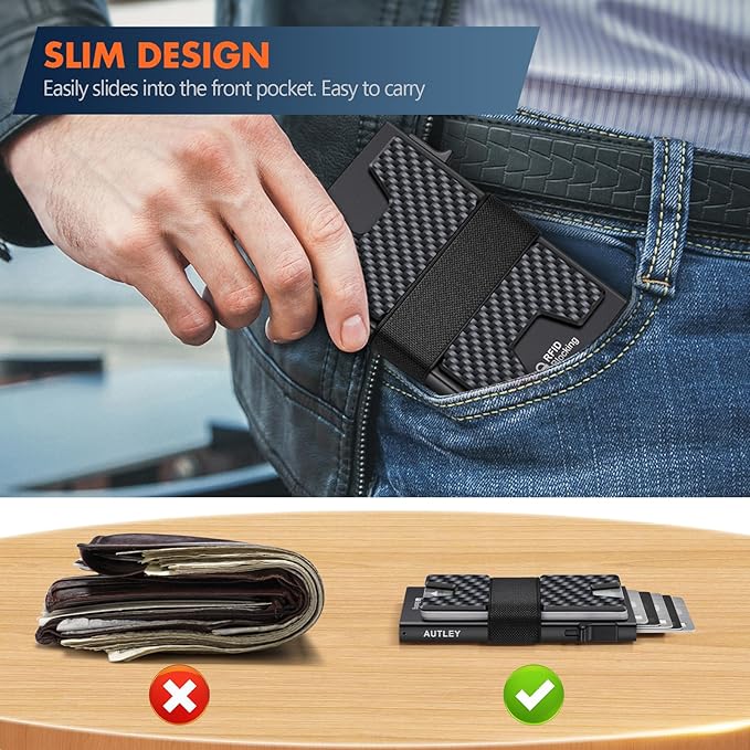 AUTLEY Slim Wallet For Men, Minimalist Mens Wallet, Rfid Blocking Wallet, Pop Up Credit Card Holder with Cash Band (Carbon Fiber+Black)