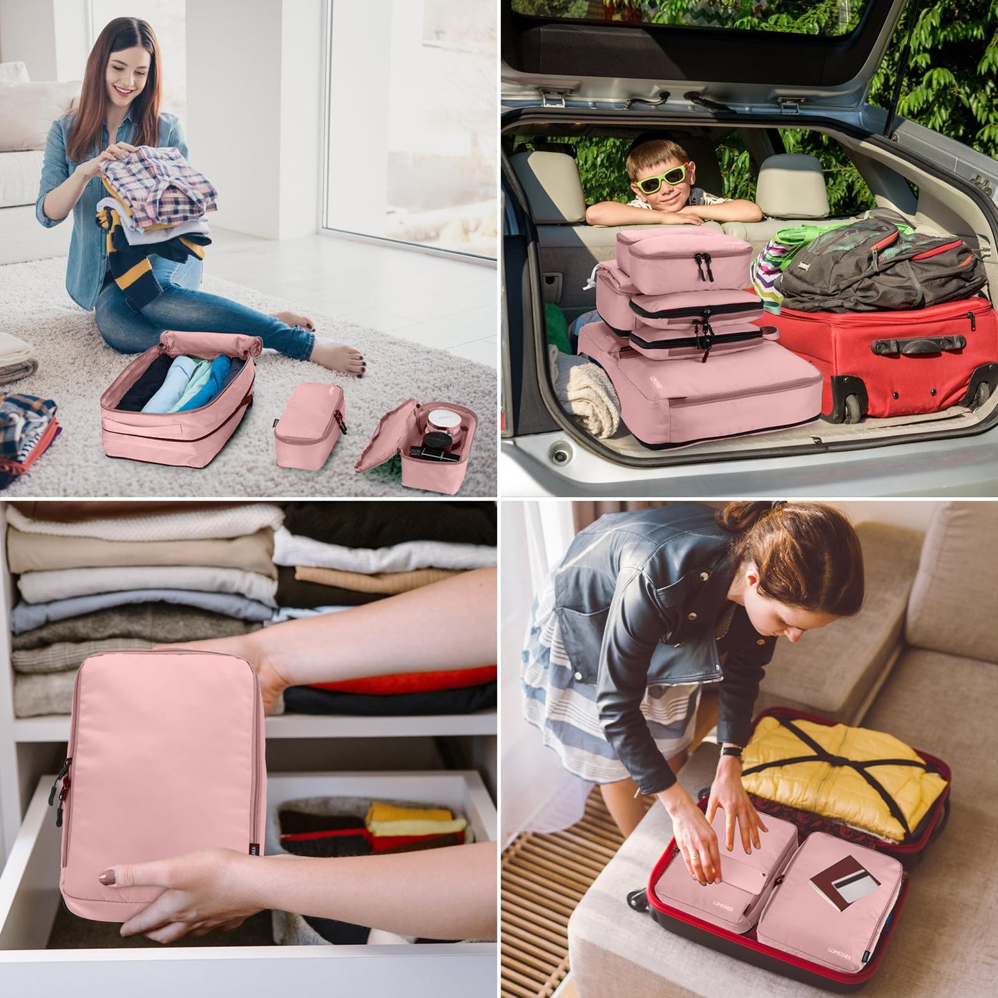 Compression Packing Cubes, Lumesner 8 Set Travel Packing Cubes for Carry on Suitcases, Compression Suitcase Organizers Bag Set & Travel Cubes (8-piece, Pink)
