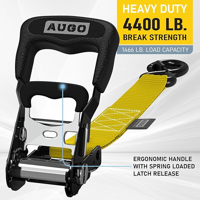 AUGO Heavy Duty Ratchet Straps & Soft Loops – Pack of 4 Extra Strong 1.5” by 15’ Ratchet Straps w/S-Hook Safety Latches & 4 Soft Loop Tie Downs – 4400Lb Break Strength for Motorcycles, ATVs, Etc.