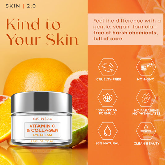 Skin 2.0 Vitamin C & Collagen Eye Cream – Dermatologist-Tested, Anti-Aging, Korean Skin Care, Brightens Dark Circles & Firms Skin – Hydrating & Nourishing Formula - 95% Natural, Vegan– 1.69 FL. Oz