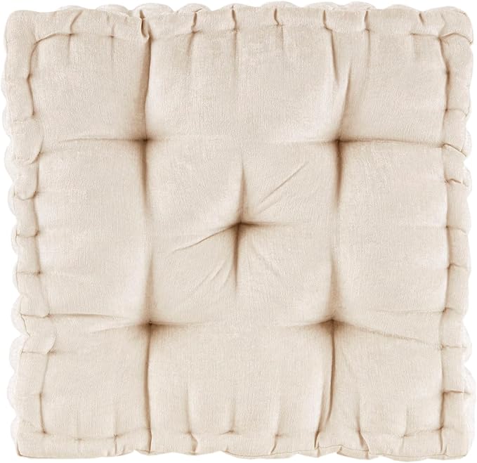 Intelligent Design Azza Floor Pillow, Large Cushions Sitting for Adults, Floor Pillow for Meditation or Yoga, Lustrous Chenille Tufted with Scalloped Edges for Bench/Chair Cushion, 20"x20"x5" Ivory