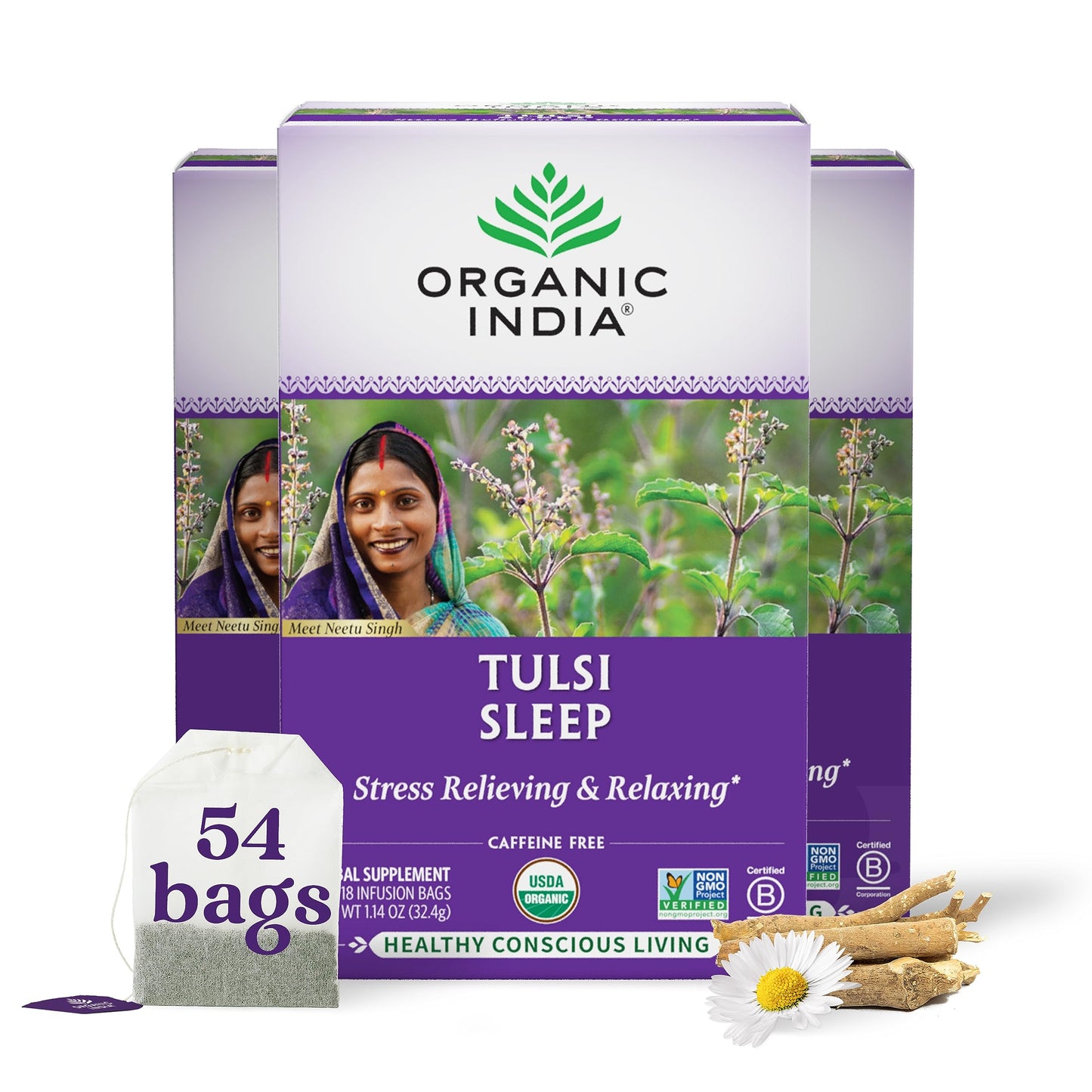ORGANIC INDIA Tulsi Sleep Herbal Tea - Holy Basil, Ashwagandha, Chamomile, Night Time Tea for Bedtime, Stress Relieving & Relaxing, Immune Support, USDA Certified Organic - 18 Infusion Bags, 3 Pack