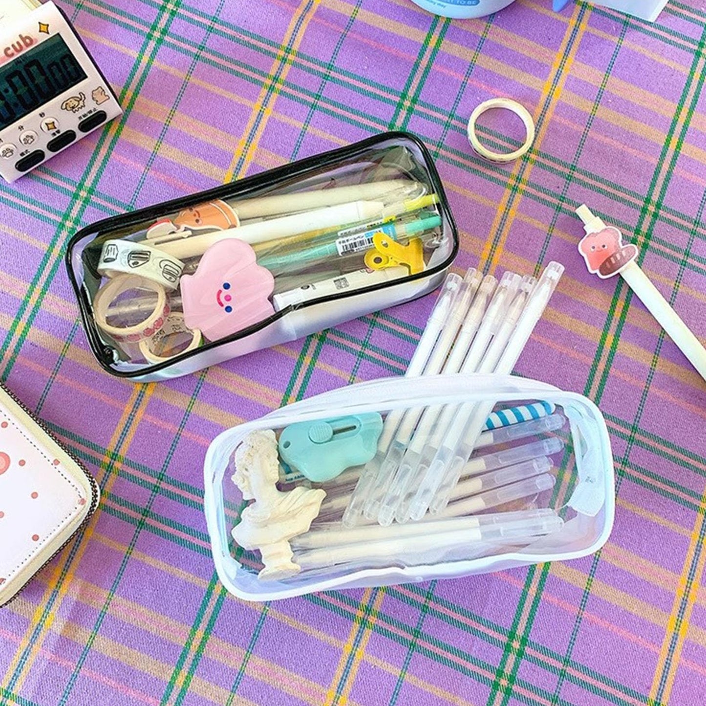 Juxiamal 2pcs Clear Cases with Zipper, Multi-use Travel Makeup Brush Bags Toiletries Exam Pouch Case Travel Luggage Make up Cosmetic Bag (Black and White)