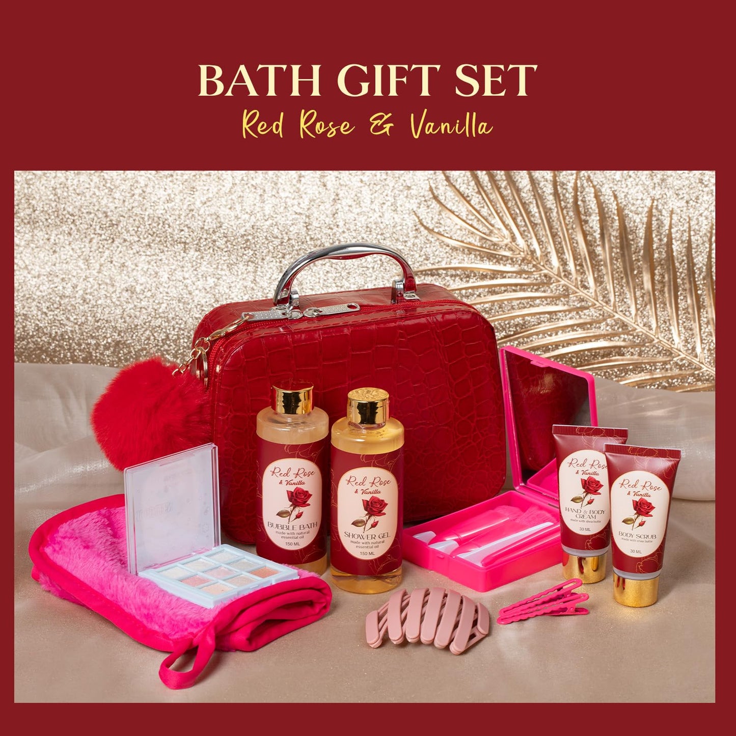 Birthday Gifts for Women Teens Girls, Spa Gift Set, Bath Gift Set for Women, 12 Pcs Rose Vanilla Bath Set, Self Care gifts Bag Makeup Cosmetic Bag, Spa Kit for Teenage Gifts, Daughter Gift Set