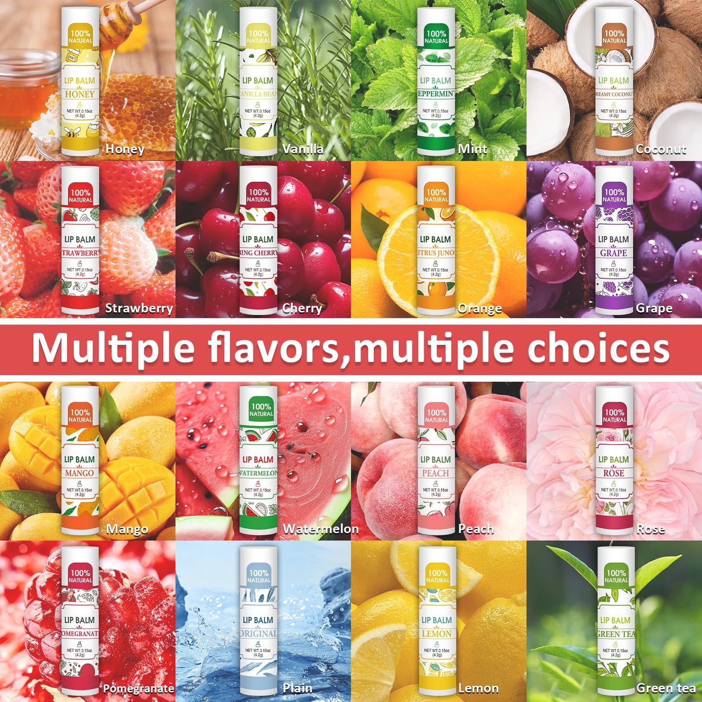 VISRIE 32 Pack Lip Balm, Natural Lip Balm Bulk with Vitamin E and Coconut Oil, Bulk Lip Balms for Dry Lips-16 Flavors