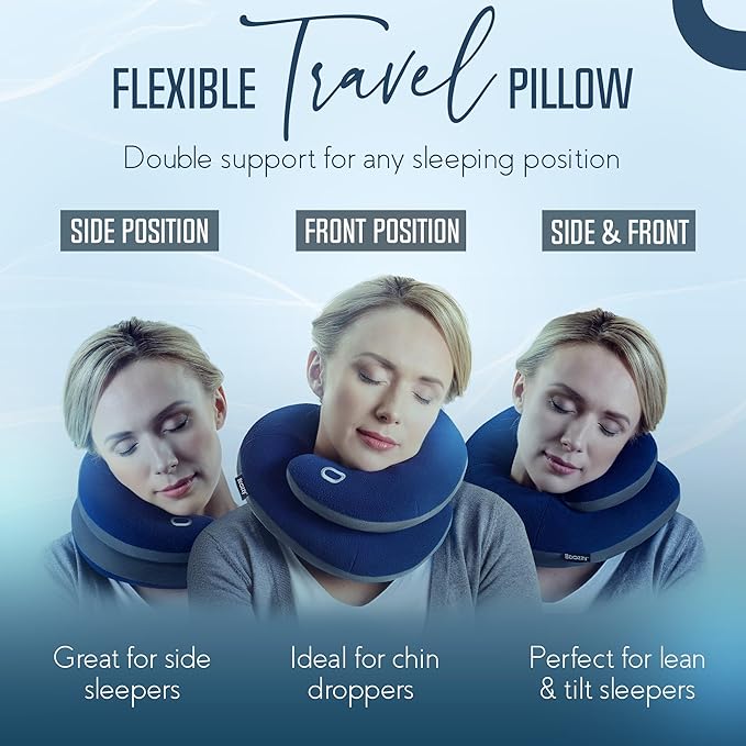 BCOZZY Travel Neck Pillow for Airplane – Patented Double Support for Head, Neck, and Chin. Best for Long Flights, Plane Sleeping & Car Rides. Adjustable Size. Fully Washable. Carry Bag. X-Large, Black