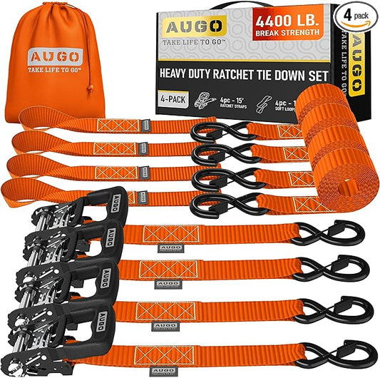 AUGO Heavy Duty Ratchet Straps & Soft Loops – Pack of 4 Extra Strong 1.5” by 15’ Ratchet Straps w/S-Hook Safety Latches & 4 Soft Loop Tie Downs – 4400Lb Break Strength for Motorcycles, ATVs, Etc.