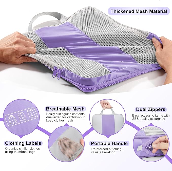 8 Set Compression Packing Cubes for Travel Essentials,Compressible Expandable Packing Cubes for Suitcase,OlarHike Luggage Organizer Bags for Travel,Handy Helper for Organizing Clothes(Light Purple)