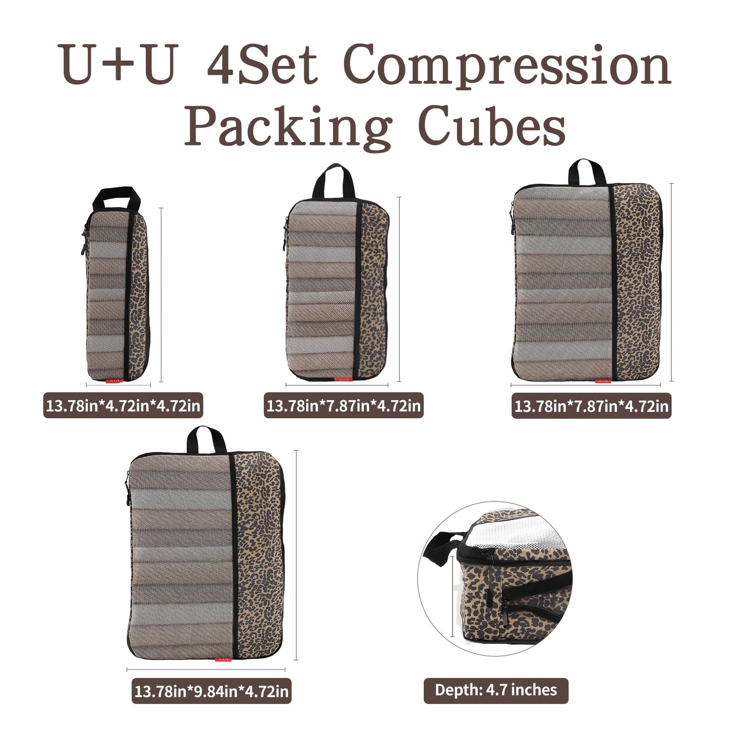 U+U 4 Set Compression Packing Cubes - Ultralight Travel Organizers, Space-Saving Suitcase Organizer, Expandable Packing Cubes for Travel, Business Trip and Family Vacation (Leopard)