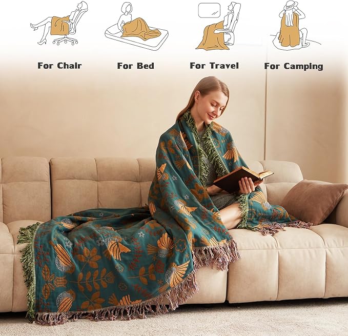 Boho Throw Blanket for Couch 100% Cotton Ultra Soft Rustic Quilt Birds and Floral Double Embroidery Fall Throw Blankets,50"×60" All Season Throws for Sofa Chair
