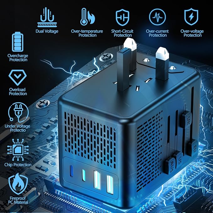 220V to 110V Voltage Converter US to Europe for Hair Dryer with Fast Charging 2 USB A 2 USB C, Power Converter Adapter Combo International Adapter A C G I (Black)