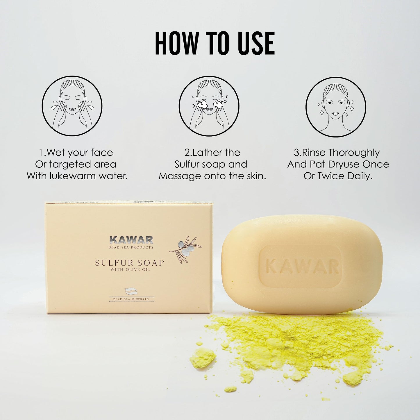 KAWAR Dead Sea Sulfur Soap with Olive Oil, Relief Skin Conditions Such as Acne, Psoriasis, Eczema & Blackheads, for Oily to Normal Skin, Vegan Soap Bar for Men & Women, 4.2 oz