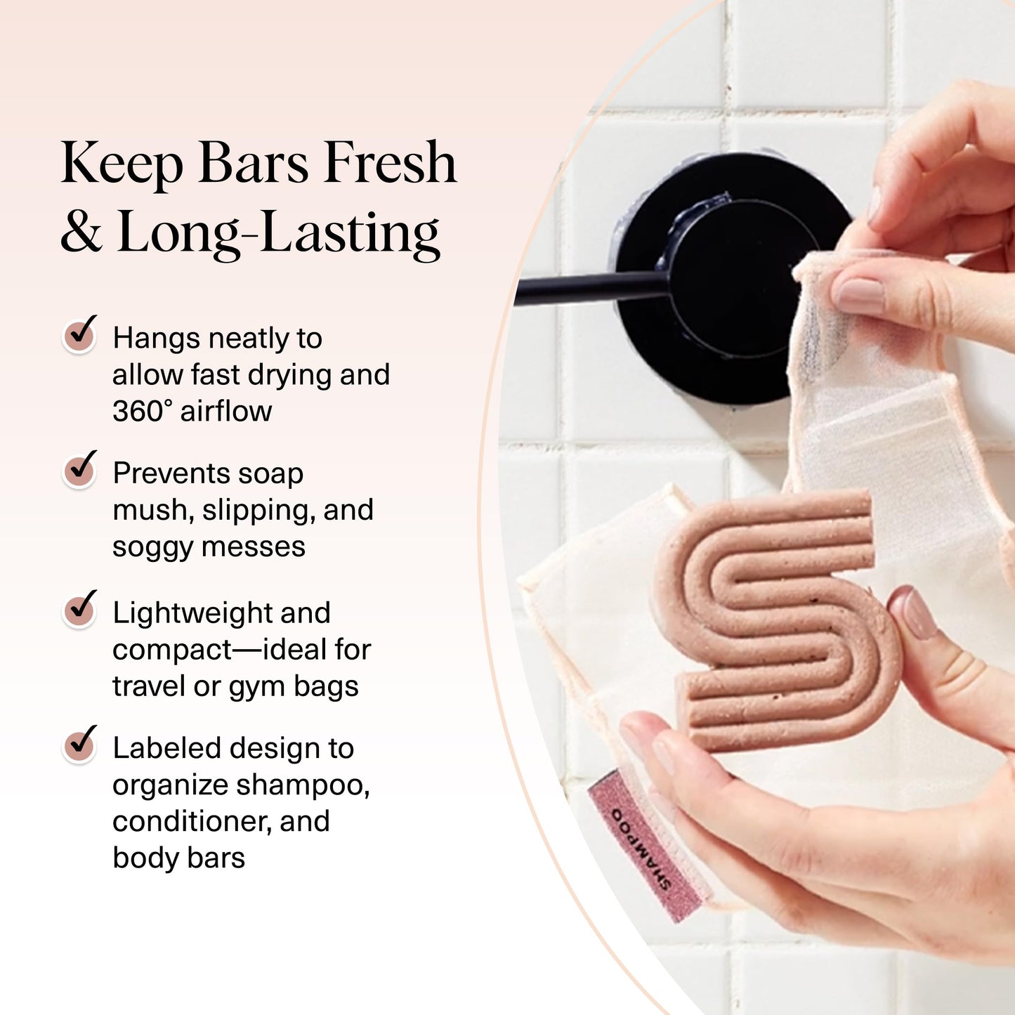 Kitsch Bar Soap Saver Bag – Patented Mesh Bag Soap Holder for Shampoo and Conditioner Bars - Extends Use & Prevents Soggy Mess - Recycled Mesh Beauty Pouch, Eco-Friendly - 2pc Set, Blush & Terracotta