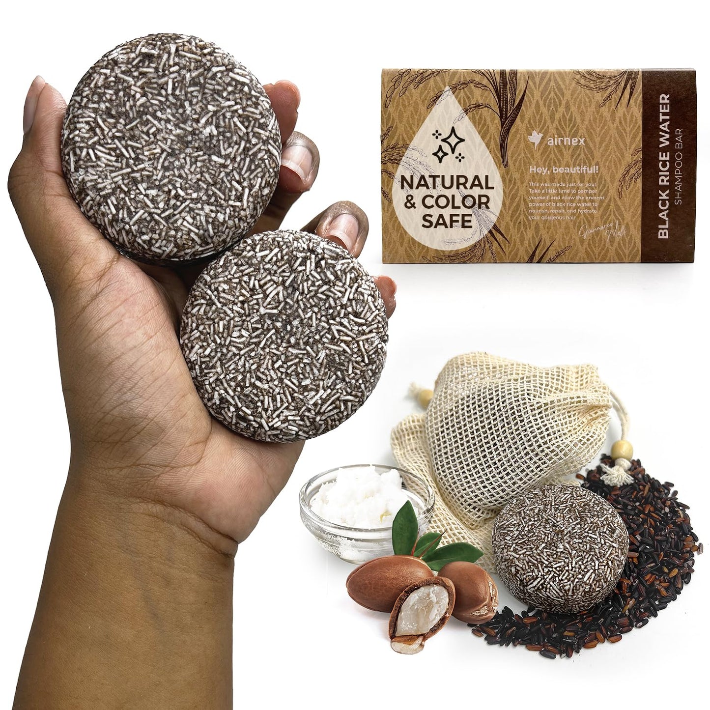 AIRNEX Black Rice Water Shampoo - Fermented Rice Water, Argan Oil & Murumuru Butter for Hair Growth, Moisture & Shine - Set of 2 Bars + Cotton Bags - Sulfate-Free, All-Natural (4.04 oz)