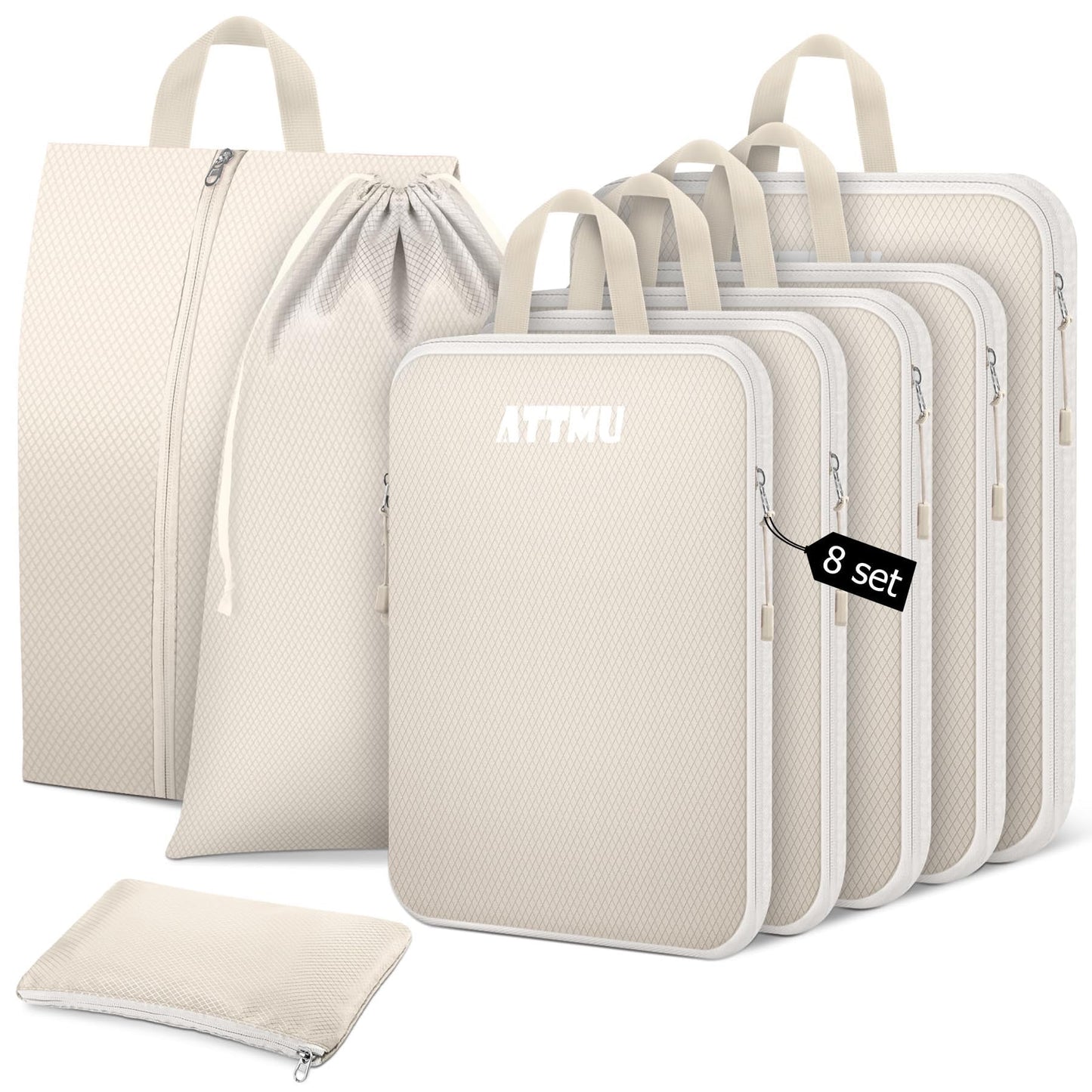 8 Set Compression Packing Cubes for Travel, Expandable Compression Cubes for Suitcases, Lightweight Suitcase Organizer with Shoes & Laundry Bags, Travel Accessories for Men Women (Beige)