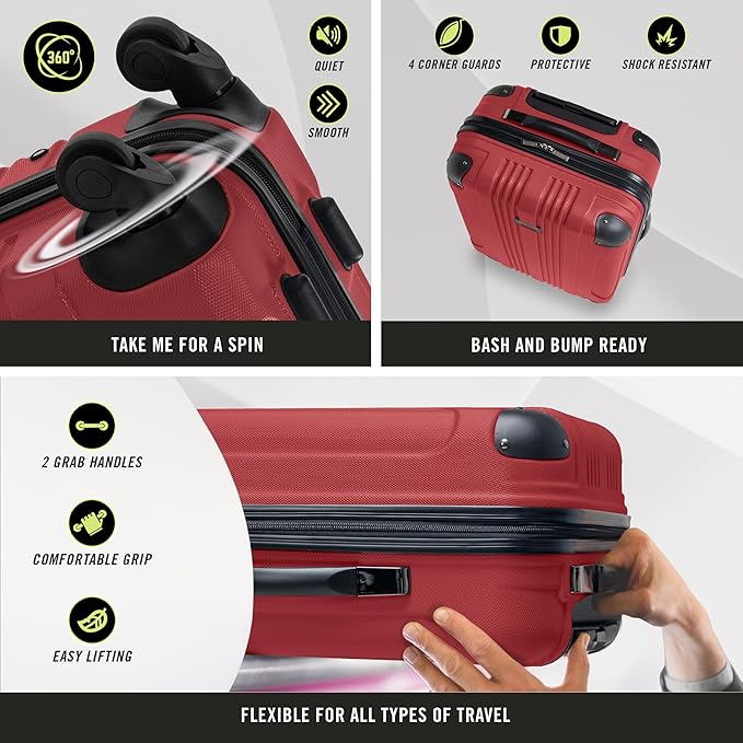 Kenneth Cole REACTION Out of Bounds Lightweight Hardshell 4-Wheel Spinner Luggage, Scarlet Red, 20-Inch Carry On