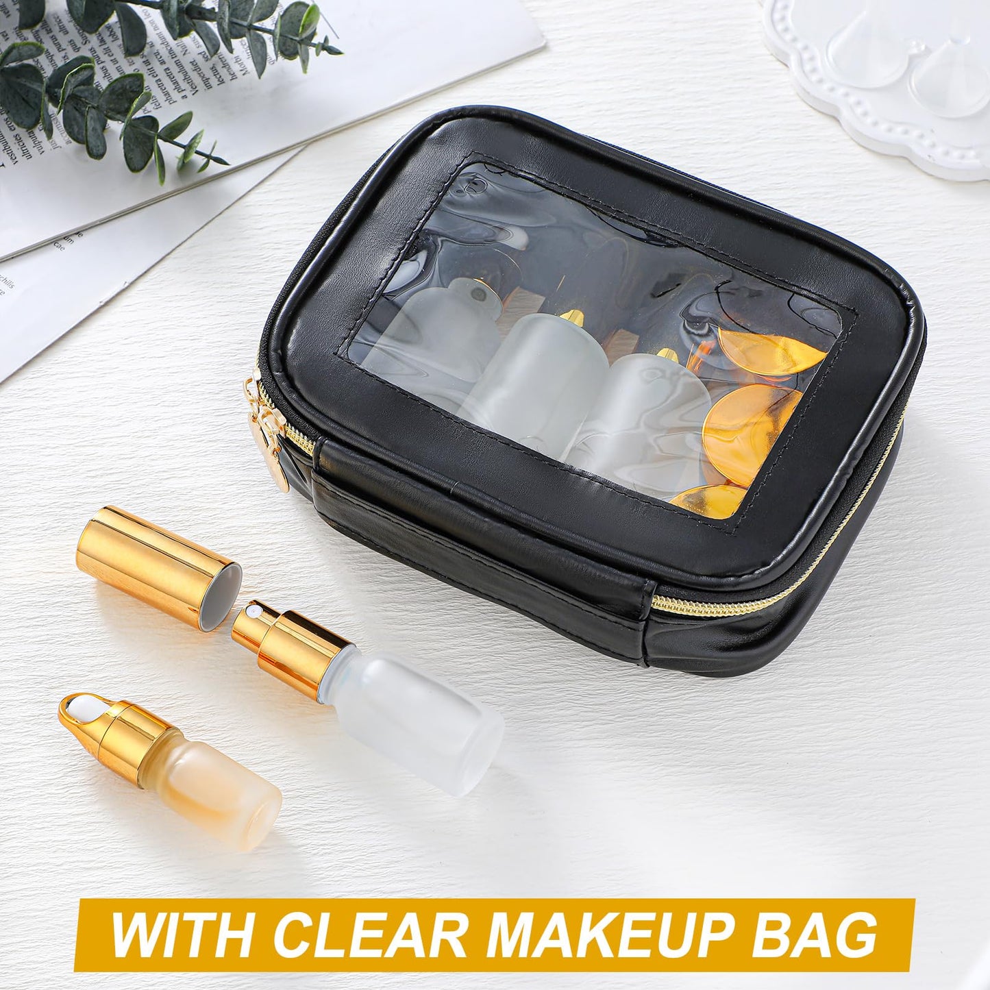 Jingmore 13 Pcs Glass Skincare Travel Containers Mini Makeup Containers Travel Size Toiletries Bottles with Pump Spray and PU Leather Toiletry Bag for Liquid Serum Cream Moisturizers Oils(Gold)