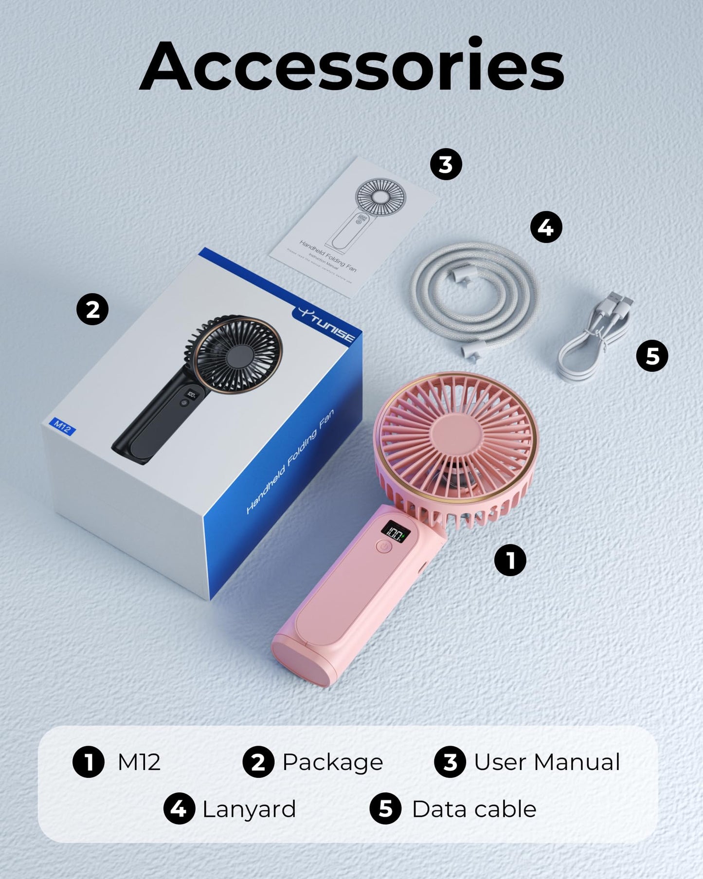 TUNISE Portable Handheld Fan, 4000mAh, 180 Adjustable, 6 Speed Wind, USB Rechargeable Foldable Fan with Real-Time Display