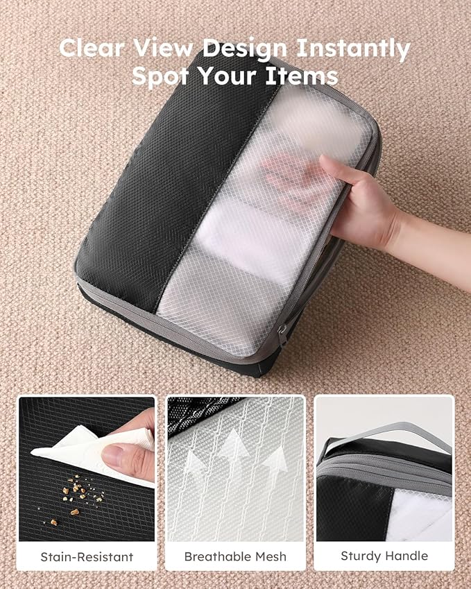 9 Set Compression Packing Cubes for Travel, Bonus Versatile Drawstring Backpack, Lightweight Luggage Organizer Bags, Sturdy Travel Accessories for Suitcase, Black